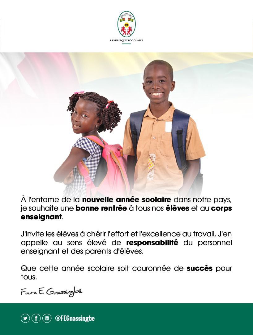 À l'entame de la nouvelle année scolaire dans notre pays, je souhaite une bonne rentrée à tous nos élèves et au corps enseignant. 

FEG