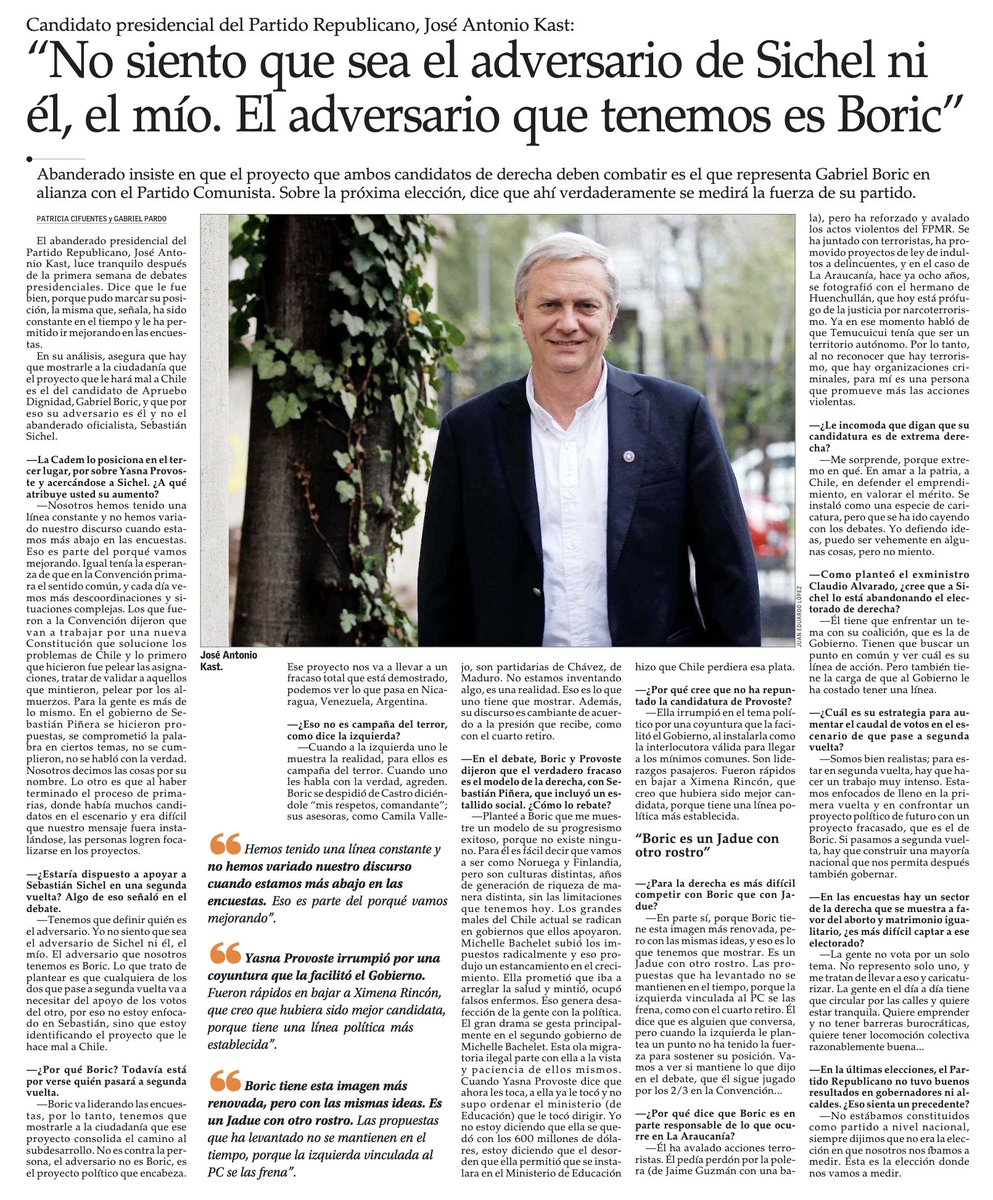 Los Republicanos no nos perdemos un segundo: nuestro adversario es el plan de gobierno de Gabriel Boric. Aquí hay dos visiones del país que está en juego y estamos trabajando para llegar a segunda vuelta y enfrentarlo con convicción y propuestas.