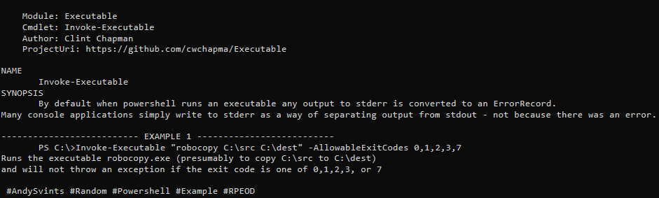 AndySvints's tweet photo. #Module: Executable
#Cmdlet: Invoke-Executable
Author: Clint Chapman
ProjectUri: https://t.co/geou0AIFOA
PS C:\>Invoke-Executable "robocopy C:\src C:\dest" -AllowableExitCodes 0,1,2,3,7
#AndySvints #Random #Powershell #Example #RPEOD https://t.co/3CxMg2hCNp