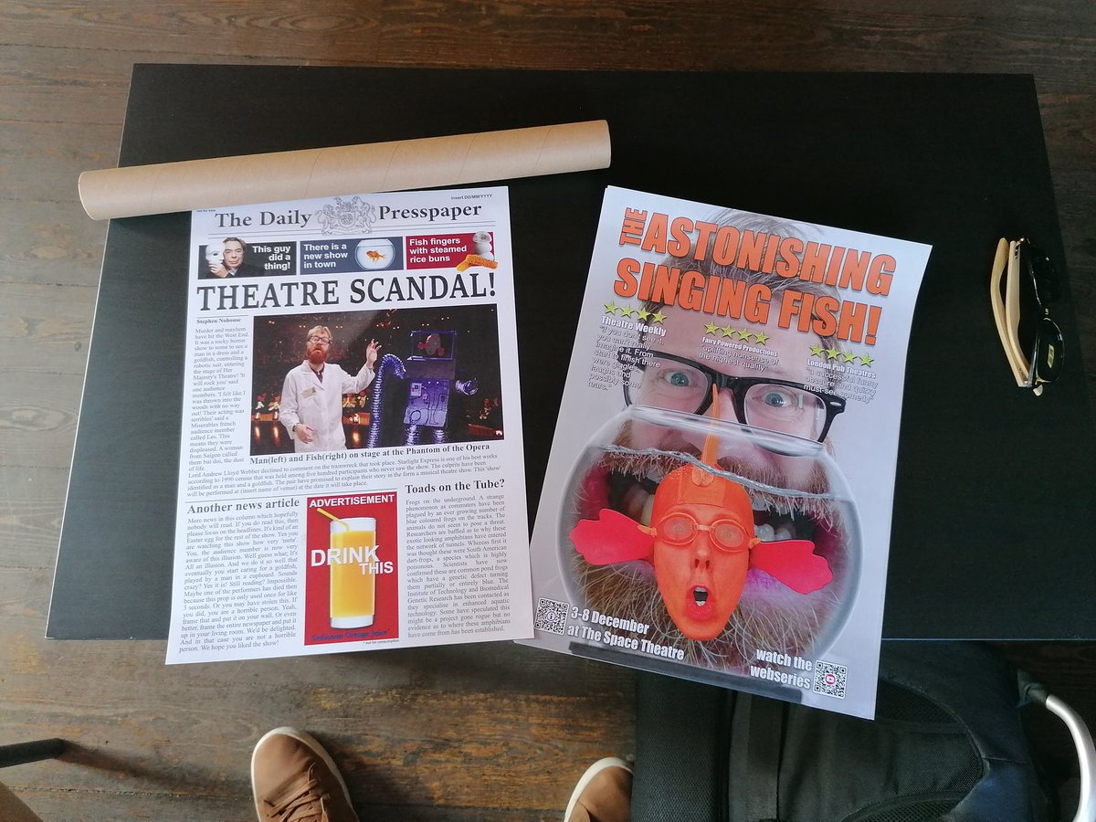 fdtheatre's tweet photo. On a shoot with funny guy @nateplant_exp We'll be back on stage with @singingalex at the @SpaceArtsCentre in December. Posters and props have arrived :) #SingingFish https://t.co/DNs9urZFw1