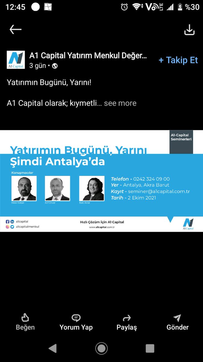 murdembag1's tweet photo. Yatırımın bugünü, yarını! A1 Capital seminerleri ücretsiz  olarak Ekim'de Antalya'da başlıyor... #borsa #analiz #hisse #yatırım #a1capital #antalya #akrabarut @arifunverTR @A1CapitalMenkul https://t.co/b70vy1KvzF