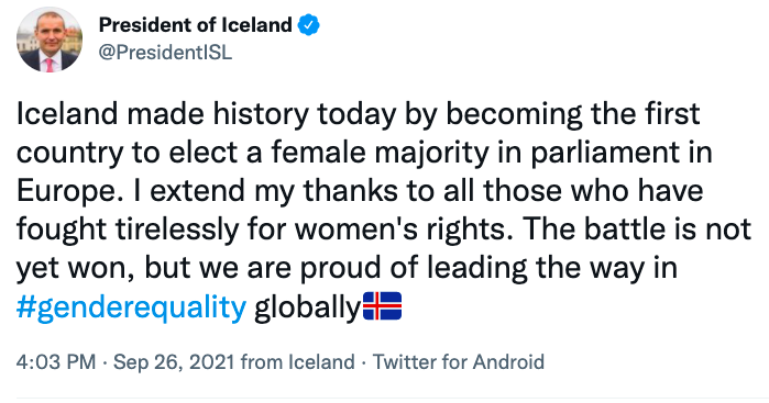 Islande24's tweet photo. L'Islande devient le premier pays d'Europe à avoir un Parlement à majorité féminine. Le président islandais @PresidentISL s'en réjouit!

#Islande https://t.co/qj5QBNosxh