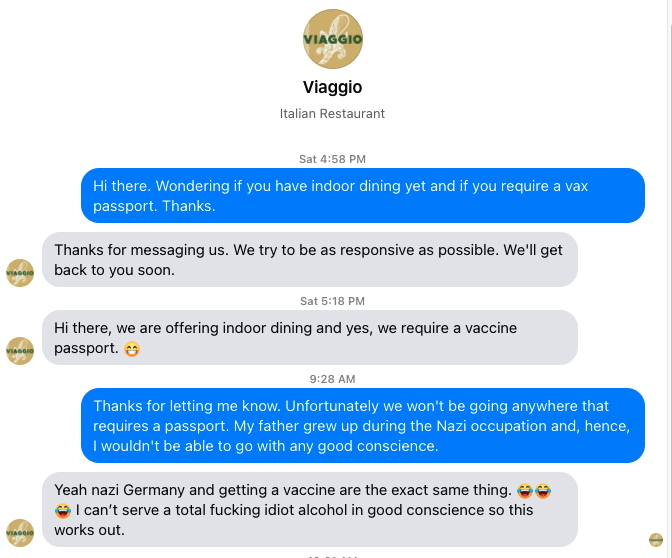 SJTELLSIT's tweet photo. Viaggio restaurant in Toronto just called someone a 'total f...ing idiot' when they said they couldn't support a restaurant with a vaccine passport. These are many of the same people who have supported restaurants throughout the pandemic. #PERMANENTBOYCOTT https://t.co/MWnQoffrGr