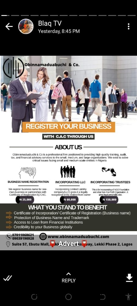 whycliff21's tweet photo. In case you don't no, the new development we all talk abt is not only in technology nd finance alone, even in business registration and computation. At Obinnamaduabuchi&amp;Co, they are an affiliated agent with CAC nd can perfectly give ur business or company a registered name
Biggie https://t.co/dHlO0hUzlw