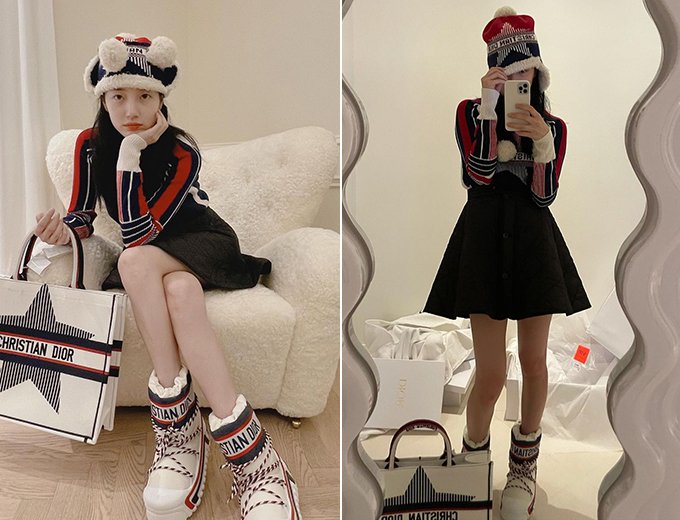 rbrbszsz's tweet photo. Suzy wore a Sharpka (Russian fur hat, covering her ears) with a star and brand logo pattern. Suzy showed off her cute charm by tying Sharpka's polka dots on top of her head.
#배수지 #수지 #SUZY #BaeSuzy #suzydior #DiorAW21 https://t.co/8g0Zgk6HVF