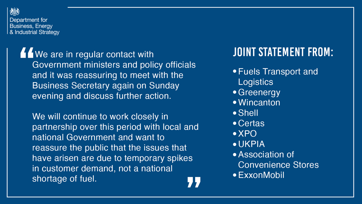 SciTechgovuk's tweet photo. Following a meeting with the fuel industry, the Business Secretary has implemented the Downstream Oil Protocol.
 
This will allow Government to work constructively with fuel producers, suppliers, hauliers &amp; retailers to ensure disruption is minimised as far as possible.

 (1/2) https://t.co/Hrzf3LeHtR