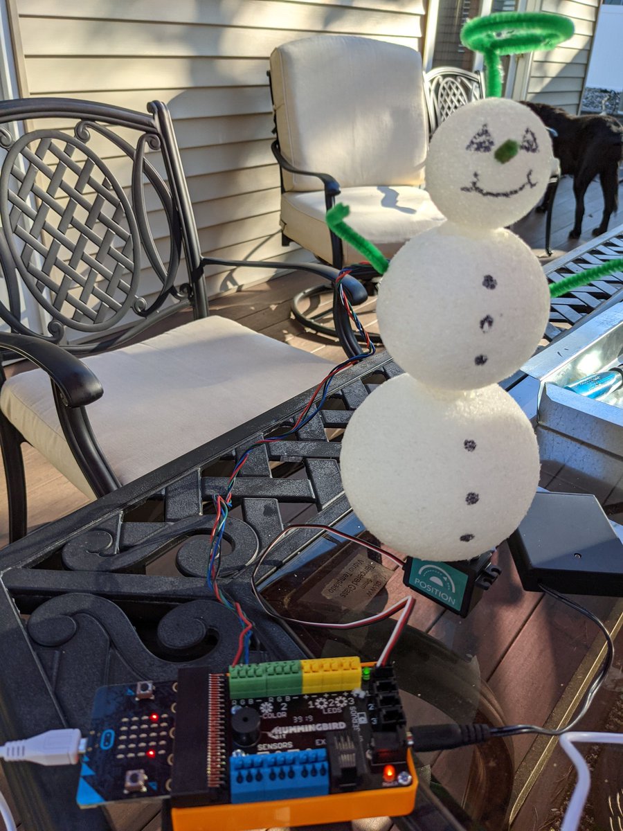 The_Tech_Lady's tweet photo. So what do you do on a beautiful Sunday? Prepare for a physical computing lesson using @birdbraintech for my #ComputerScience class. My hubby wanted to create a snowman system so that's what we did! He rotates back and forth and flashes his LEDs. #CSatGTMS #STEM #CompSciEDU https://t.co/LN4ul0xp9D
