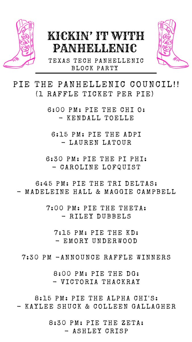Kickin’ It with Panhellenic Block Party is THIS TUESDAY from 6-9PM… See y’all there!! 🤠💗✨