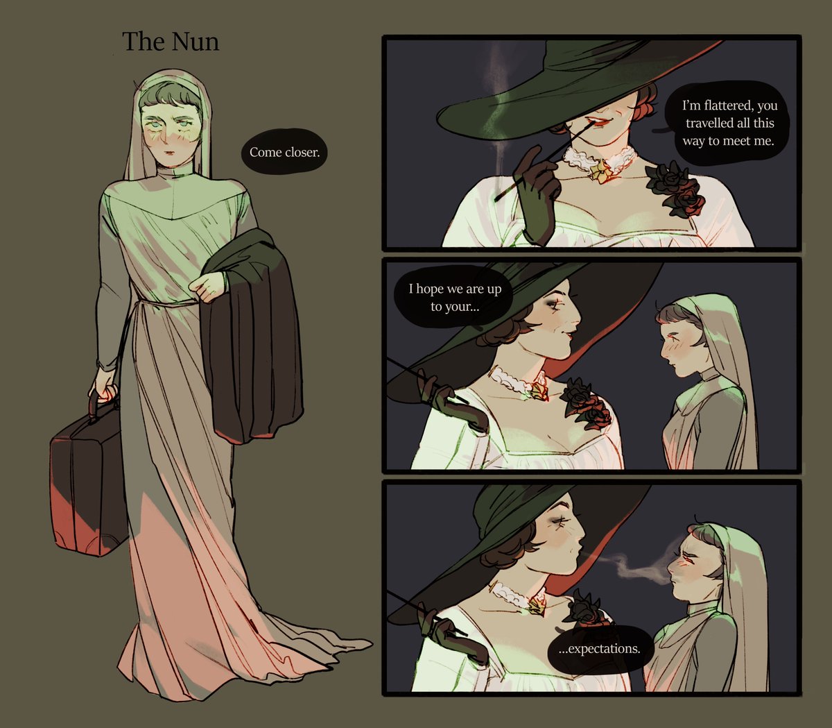 My RE8 maid oc but she's a faithless nun who after desperately trying for years to receive a sign with no success, she goes all the way around and starts looking for evil. She finds them 