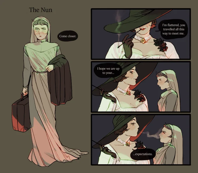 My RE8 maid oc but she's a faithless nun who after desperately trying for years to receive a sign with no success, she goes all the way around and starts looking for evil. She finds them 