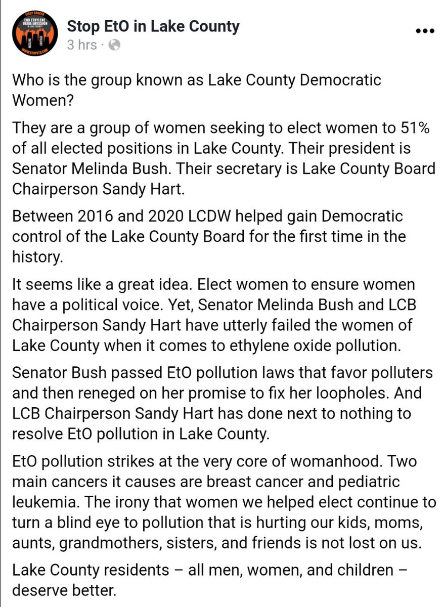 StopEtOLC's tweet photo. Curious what @SenatorBush is up to? Read our post pasted below. How #women elected to power positions chose to ignore EtO pollution in Lake County boggles the mind. Read below. #Illinois #democrats @GovPritzker @LakeCountyIL #StopEtO #pollution #Politics https://t.co/1e03usKVvd