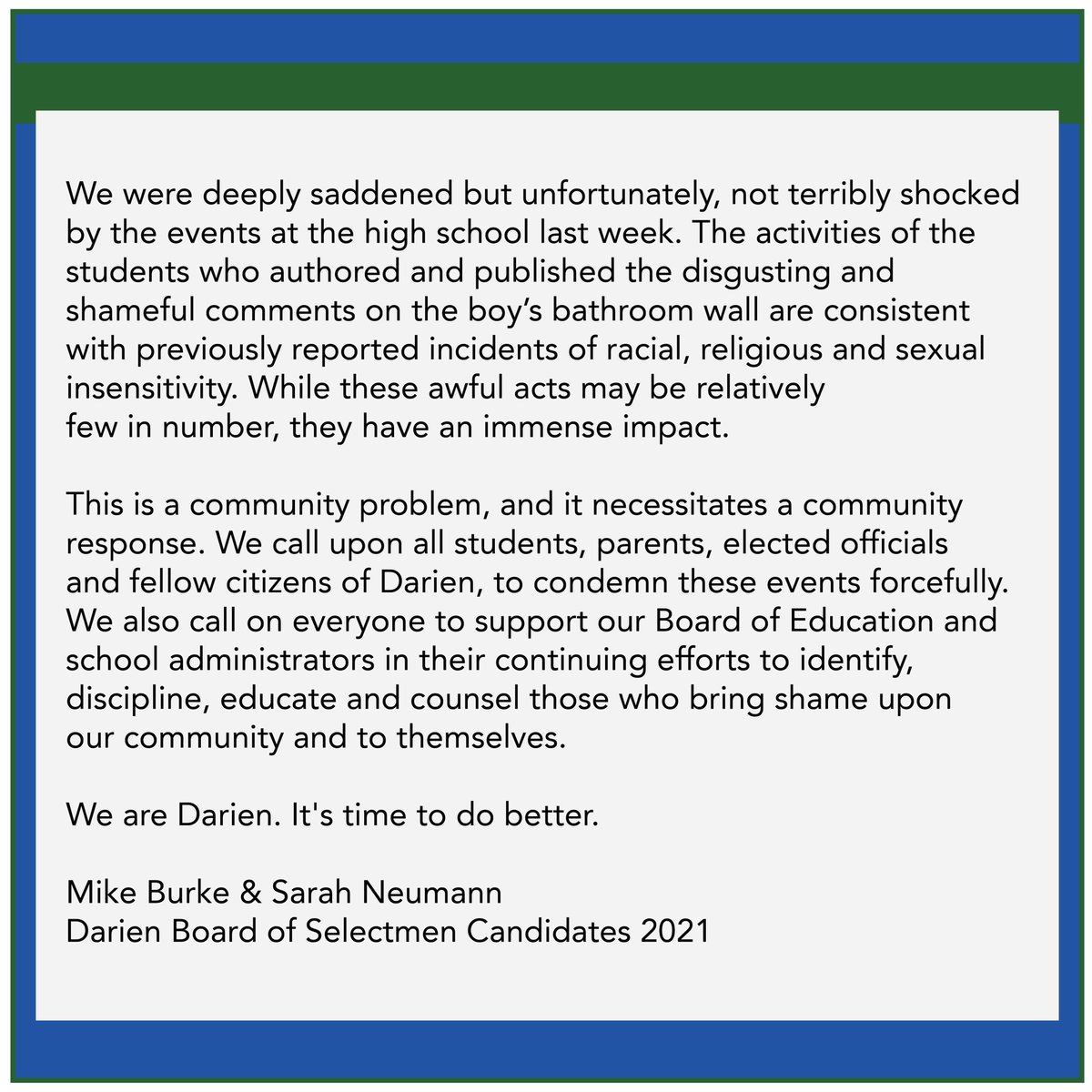 MikeSarah4BOS's tweet photo. Our thoughts on recent events in #Darien. https://t.co/9saMB74EAe