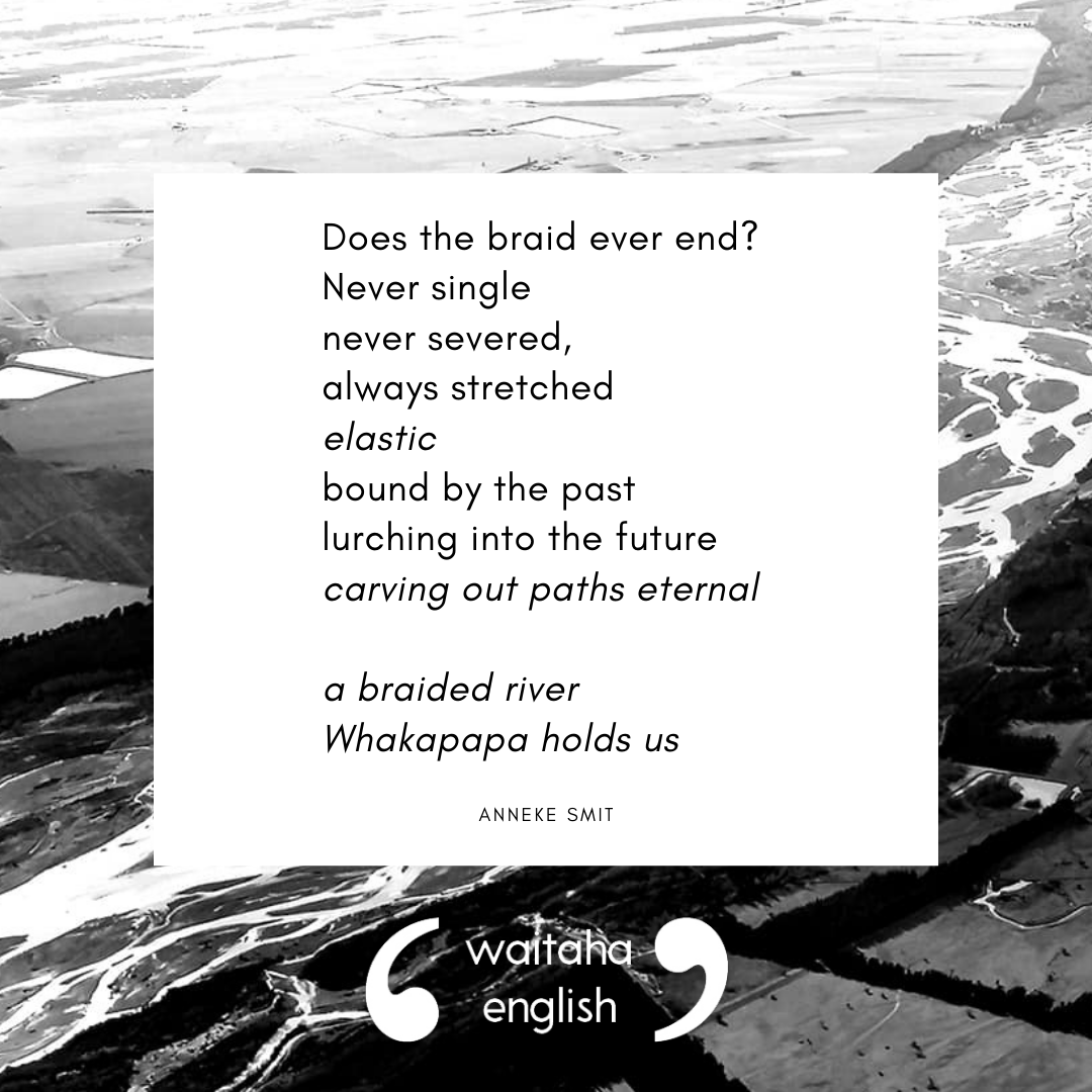 waitahaenglish's tweet photo. @askawenga perfectly encapsulated the braided metaphor WE loves! Braided rivers are such a distinctive feature of Canterbury and we love the way they represent our diverse journeys. 
The image behind this was taken by another of our talented community, Renée Hutchinson. https://t.co/saGuYEqLcs