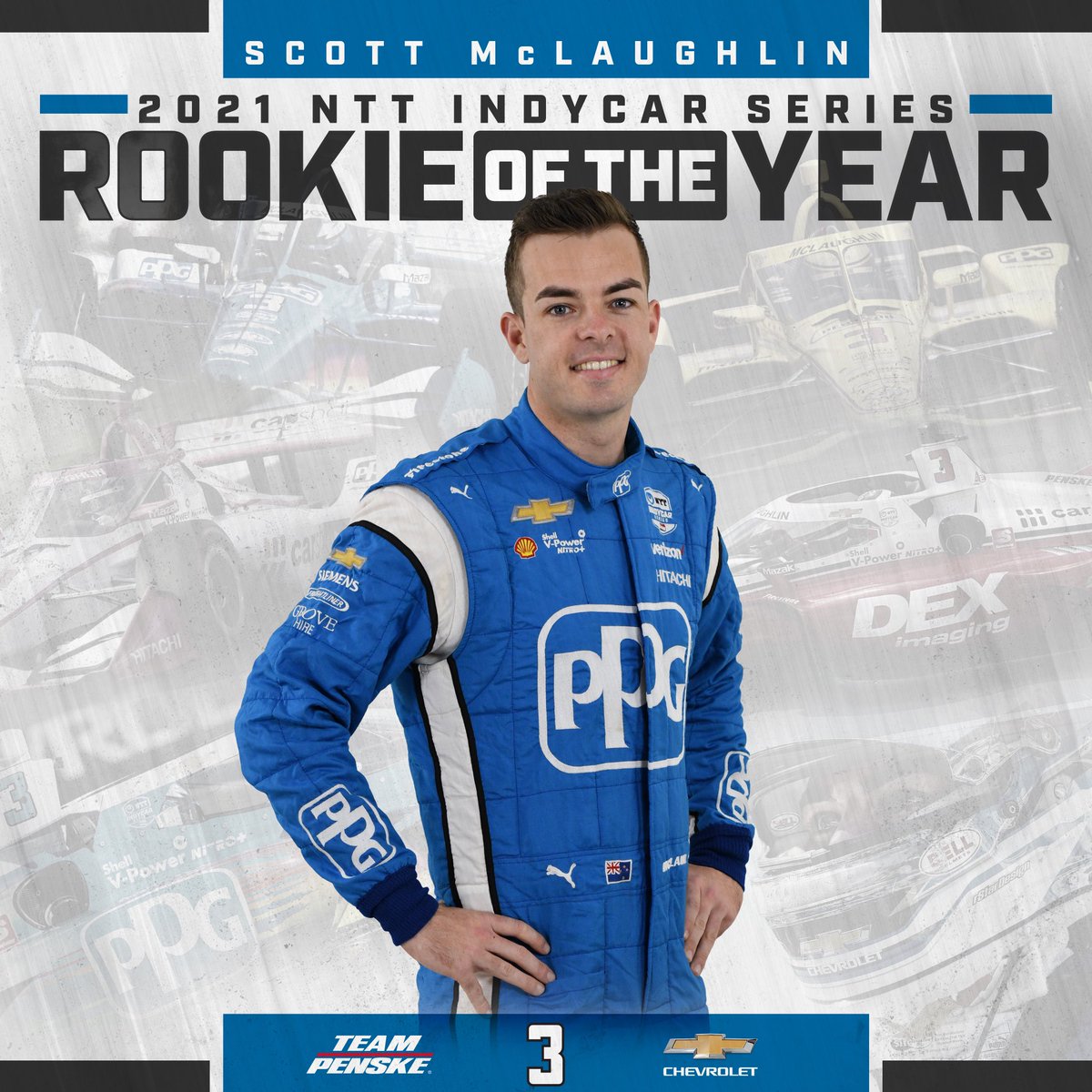 Team_Penske's tweet photo. .@smclaughlin93 is the 2021 @IndyCar Rookie of the Year! 🥇 

Retweet to congratulate Scott and the No. 3 team! 

#INDYCAR | @PPGRefinish_NA | @PPG | @deximaging | @CarShopDotCom | @pennzoil https://t.co/NgJPZzCaw1