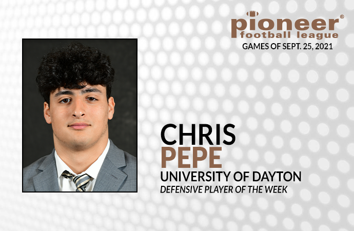 pioneerftbl's tweet photo. PFL Defensive Player of the Week: @DaytonFootball defensive end Chris Pepe. Filled in the stat sheet with 7 tackles (four solo), 3 TFL, 2½ sacks, which included a strip-sack in the 4th quarter, and a pass breakup in the PFL victory against Presbyterian, Saturday. #FCS https://t.co/vhhDbz0ZcY