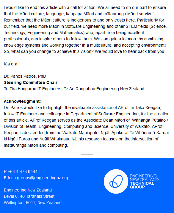 ITEngineersNZ's tweet photo. Have you read our monthly newsletter celebrating Software Mātauranga September yet?
We are excited to present who we are and what we represent!
We would also like to thank @PanosPatros, our chairperson for creating the newsletter!
#maori #softwareengineering #engineeringnz https://t.co/WP0s2CEXmm