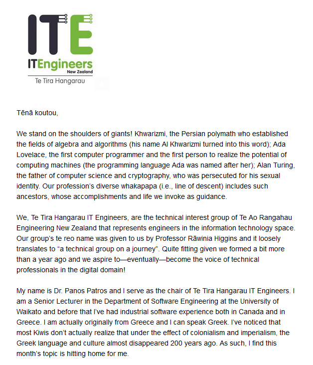 ITEngineersNZ's tweet photo. Have you read our monthly newsletter celebrating Software Mātauranga September yet?
We are excited to present who we are and what we represent!
We would also like to thank @PanosPatros, our chairperson for creating the newsletter!
#maori #softwareengineering #engineeringnz https://t.co/WP0s2CEXmm
