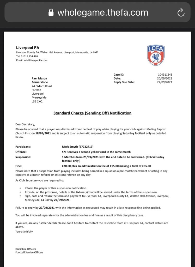 Hi <a href="/Liverpool_CFA/">Liverpool FA</a> you’ve given us two different dates by which our fine must be paid, can you let us know asap which is the correct one? We thought we had til 5th October but are now being warned about a late payment fee…