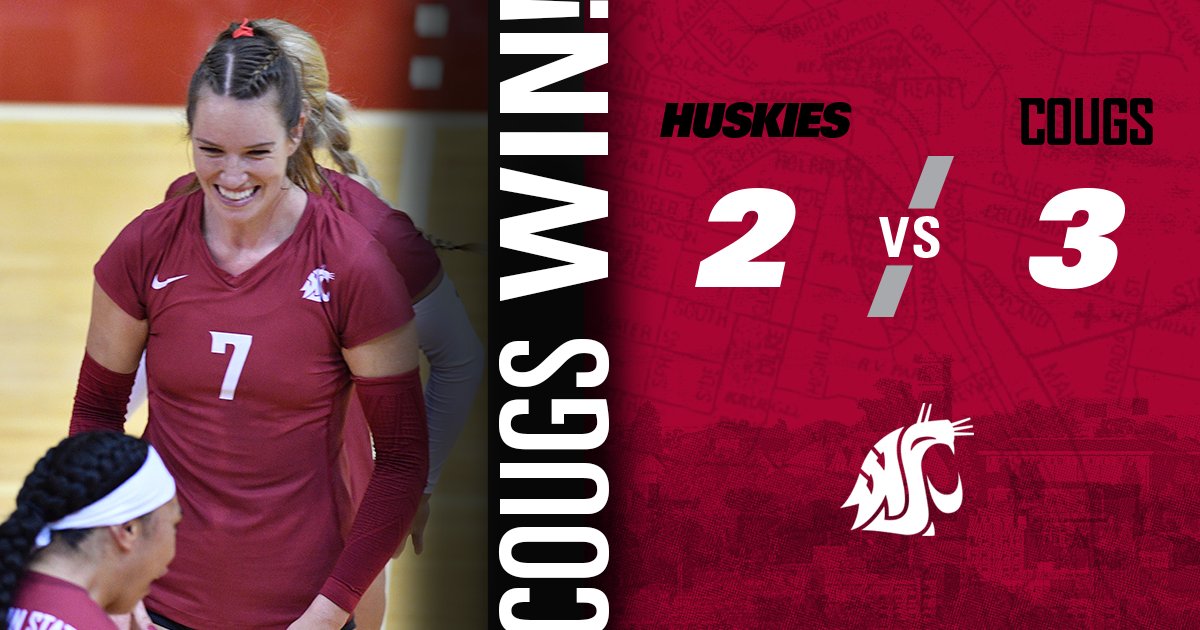 WSUCougarsVB's tweet photo. DOWN GOES THE #6 HUSKIES!!!!

Washington State wins the first #BoeingAppleCupSeries match of the year in five sets!!!

Full recap to come on https://t.co/l18tcNbaTo

#GoCougs | #BeUncommon https://t.co/BWlPdCkaaf