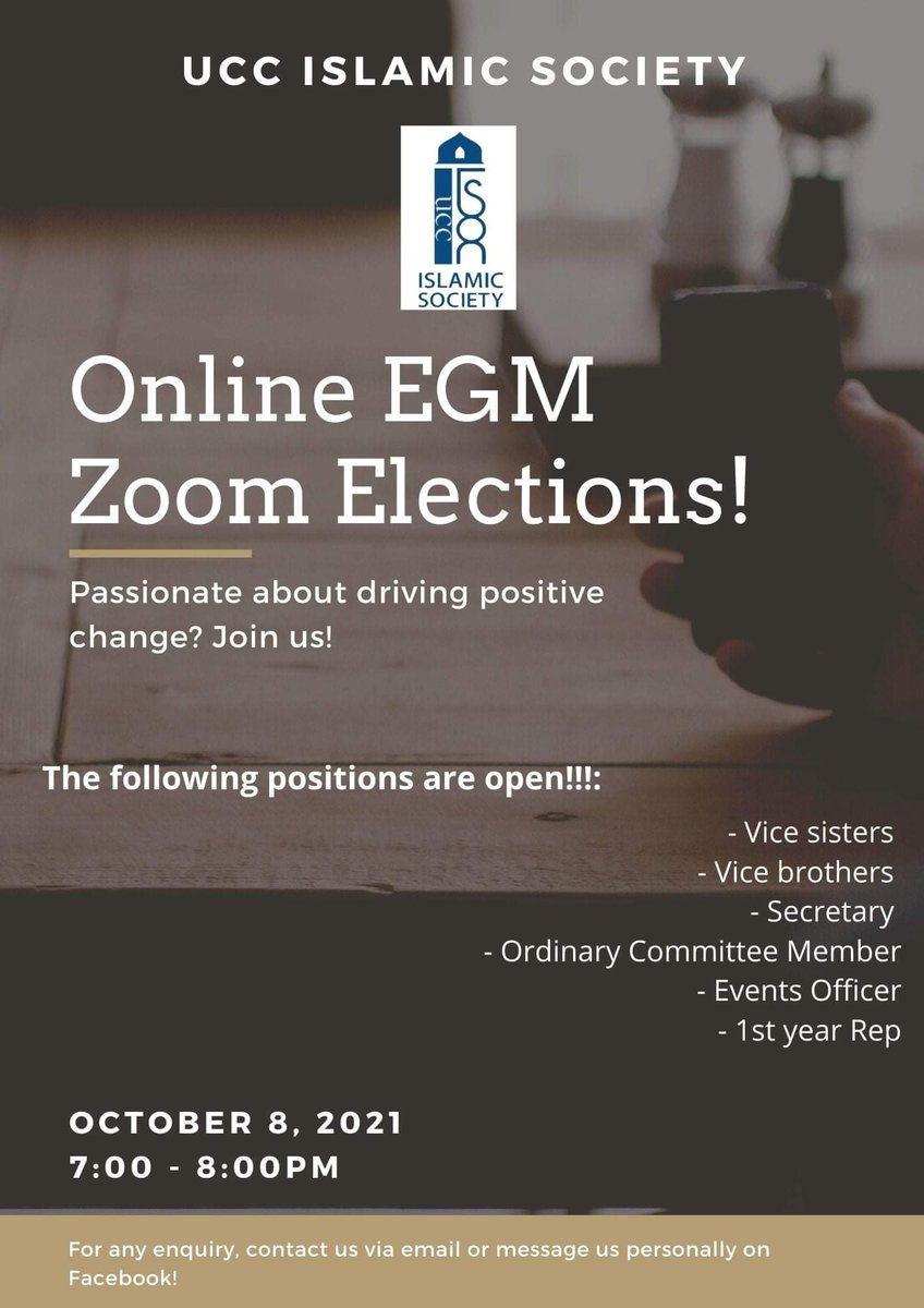 Salam.

Wishing everyone a successful academic year ahead.  
We're looking for reinforcements🤝

Our EGM will be:
❓ 8th October 7-8pm
❓Online (Link TBD)

Positions 
✔ Vice Sister/ Brother
✔ Secretary
✔ Ordinary Committee Member
✔ Events Officer
✔ 1st year Representative