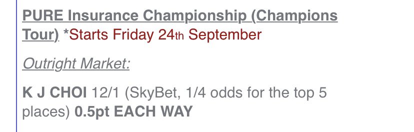 SJPGolfTips's tweet photo. ๐ฅ And a good week becomes a great week ๐ฅ
๐ฅ WINNER ๐ฅ AND 2021 @PUREinsurance Championship Champion on the @ChampionsTour - K J CHOI ๐ฐ๐ท
This Bet: 1pt Outlaid, 8.5pts Returned ๐๐ธ๐
๐ฒ https://t.co/qZIvwkPLT3 for more โณ๏ธ
#StrictSystem #LongTermProfit #Golf #Betting https://t.co/XeeNDMrhzS