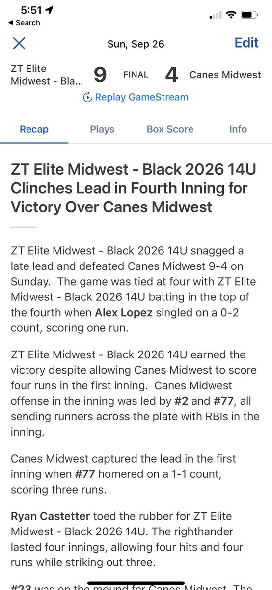ZT Elite Midwest Black 14U use two pitchers to get the win over a talented #3 seed Canes Midwest team to advance to the semifinals in the <a href="/Bullpenevents/">Bullpen Tournaments</a> MPL Qualifier.
