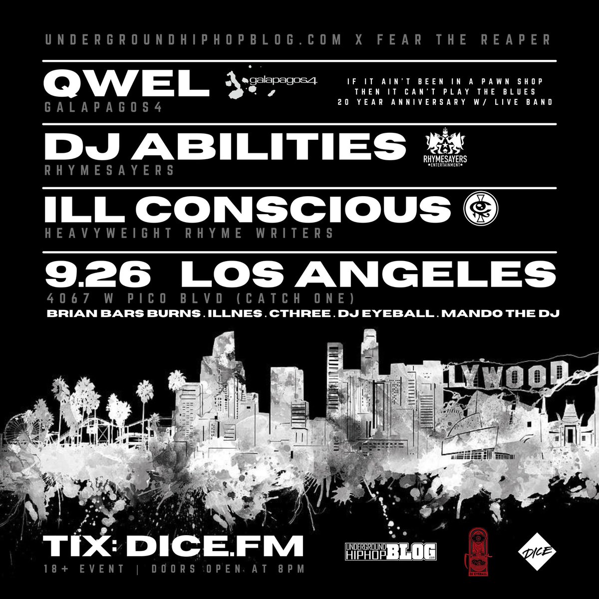 ughhblog's tweet photo. TONIGHT IN L.A.!!! #Qwel (Typical Cats) #DjAbilities (Rhymesayers), #ILLConscious all under one roof at the #CatchOne (Underground Room).🔥 https://t.co/kygW5o6Md6