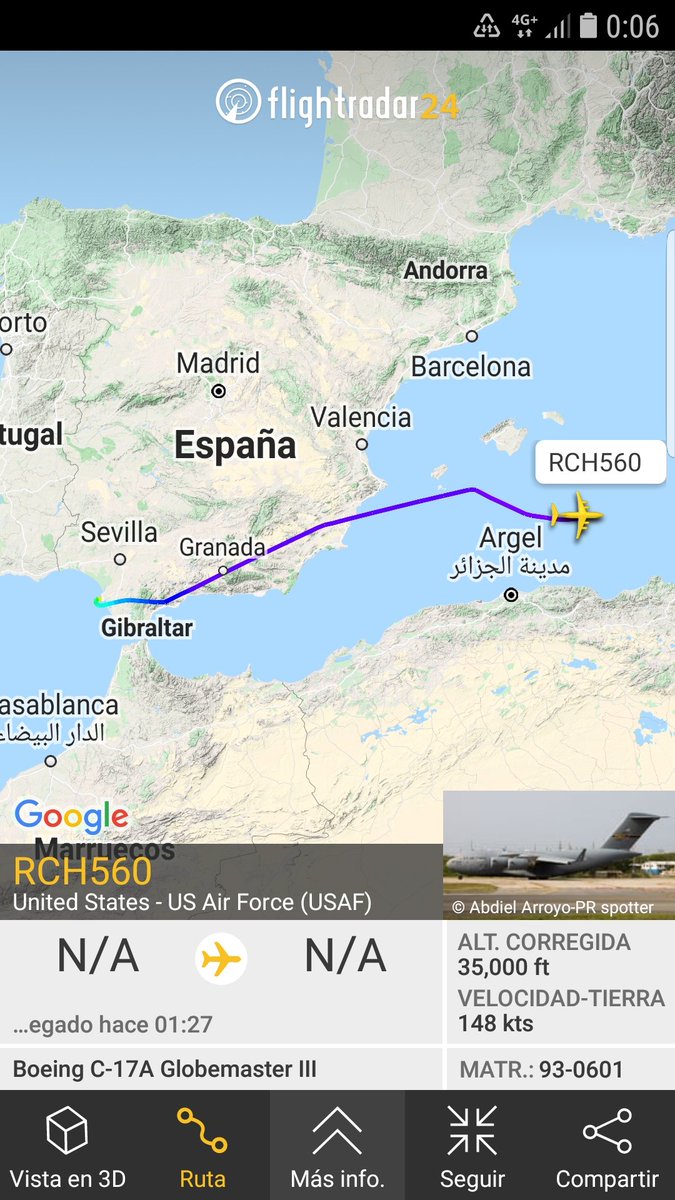 MilRadar's tweet photo. 🇺🇸 #USAF C-17A Globemaster III 93-0601 del #758thAS despega de #Rota y con rumbo E sobrevuela el #Mediterráneo al sur de las #Baleares https://t.co/wDxQvUlKnh