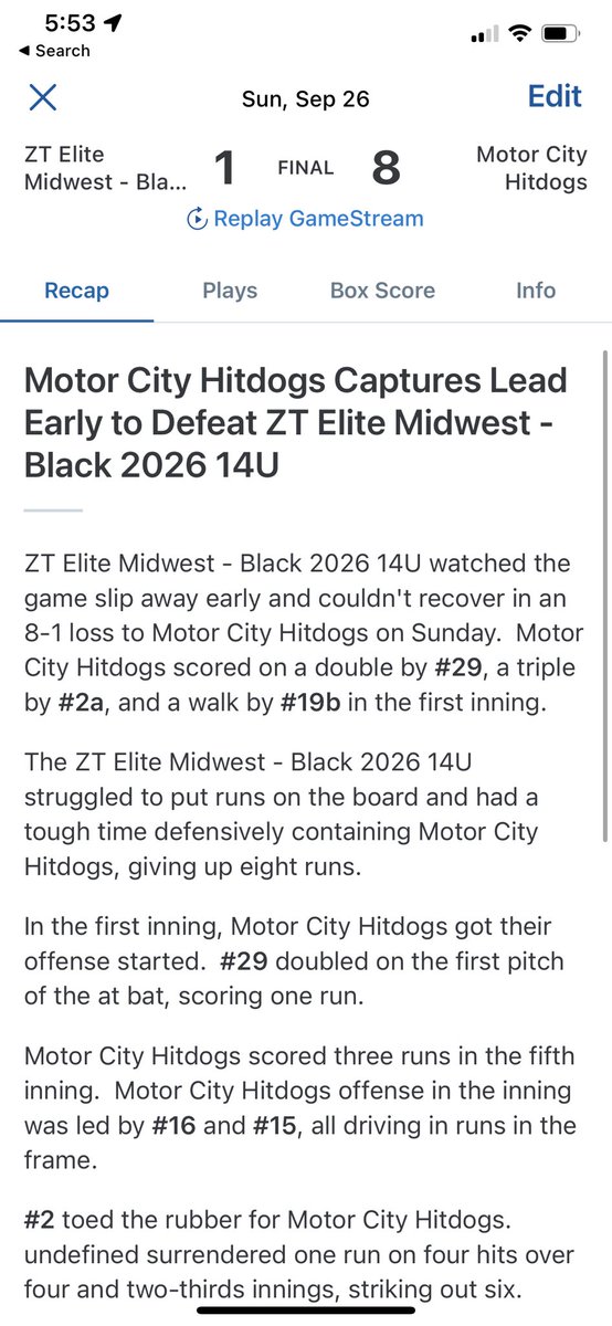ZT Elite Midwest Black 14U drop to the #2 seed, Motor City Hit Dogs in the <a href="/Bullpenevents/">Bullpen Tournaments</a> MPL Qualifier. Final score was 8-1. Good game guys, good luck in the finals.