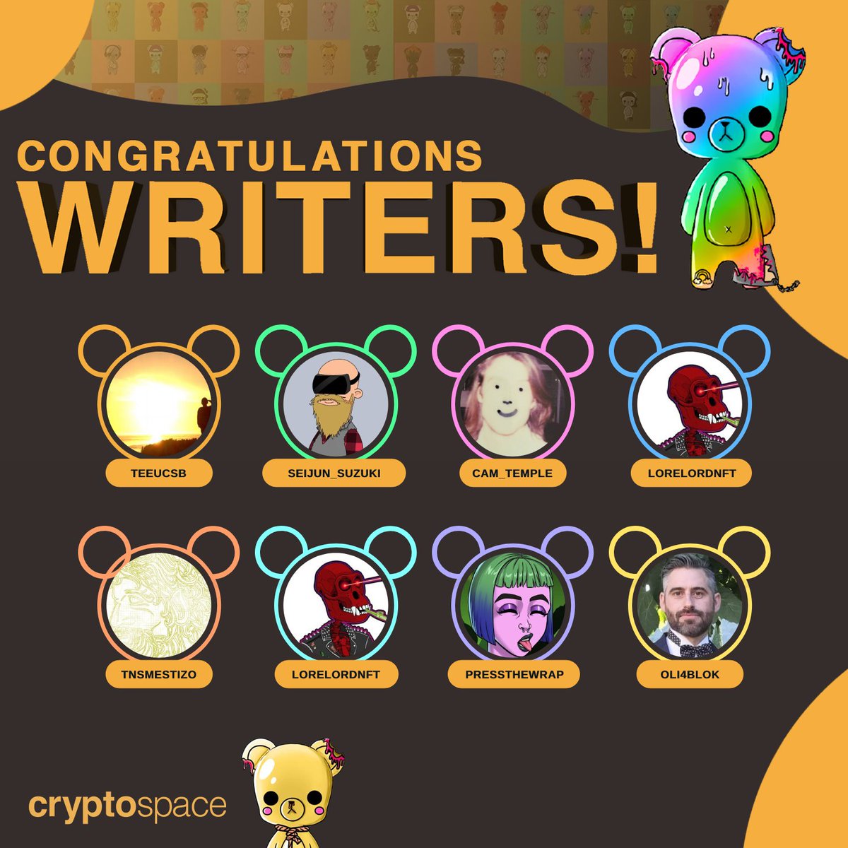 cryptospace_eth's tweet photo. Last day's here. Let's end this competition with a bang! Congratulations to @TeeUCSB @lorelordnft x2 @Seijun_Suzuki @tnsmestizo @pressthewrap @oli4blok and @Cam_Temple for their stories! Great pieces of work 🏆 You can read them here: https://t.co/7iZgiZYDhE https://t.co/ZmucSyVTHF