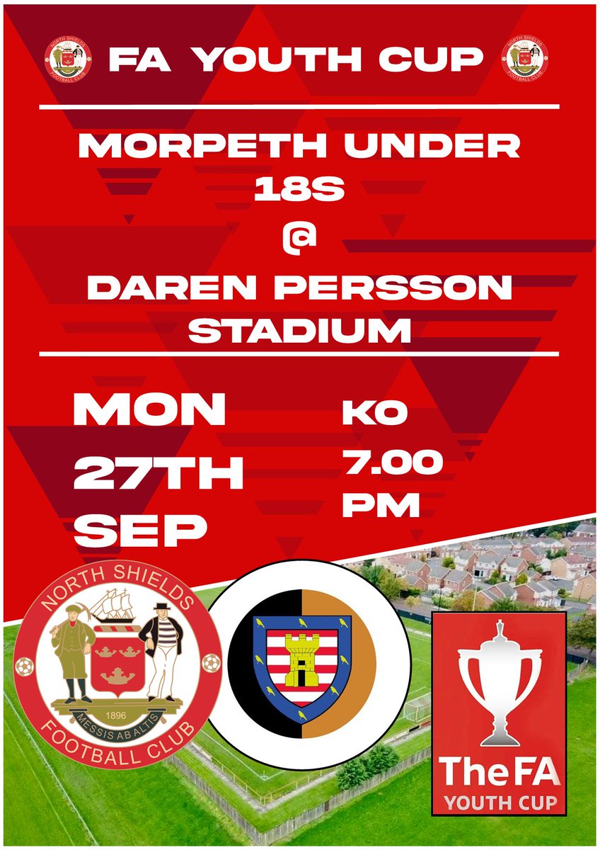 ⚽IT'S MATCHDAY⚽

Today our young Robins take on <a href="/MorpethTownAFC/">Morpeth Town AFC</a> at home in the next round of the FA Youth Cup after disposing of Carlisle City's U18s side 5-0.

Entry as always will be available on the door.

Kick off: 7.00PM

#HowayTheRobins
#NE29