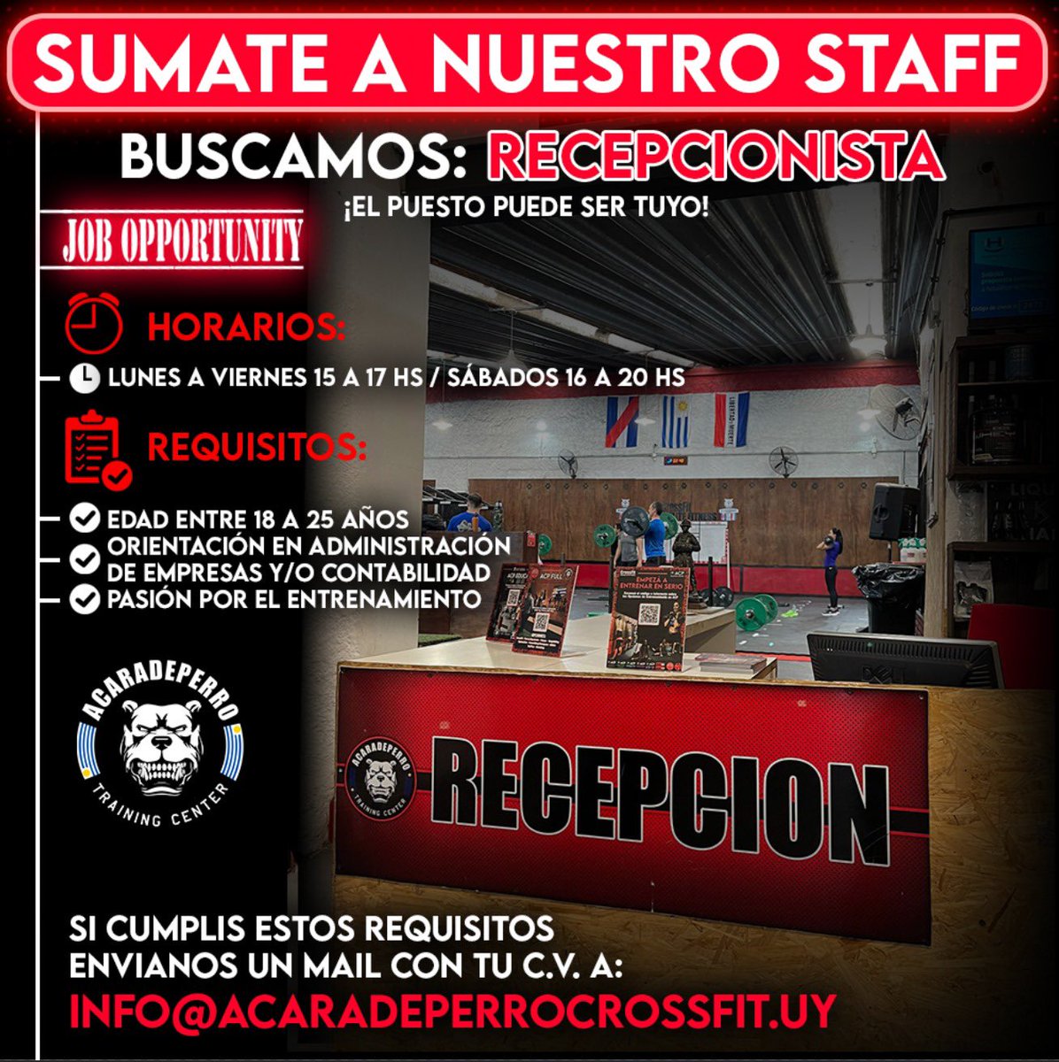 ACARADEPERROCF's tweet photo. Envía tu CV a:
info@acaradeperrocrossfit.uy https://t.co/hsybEFqQdr