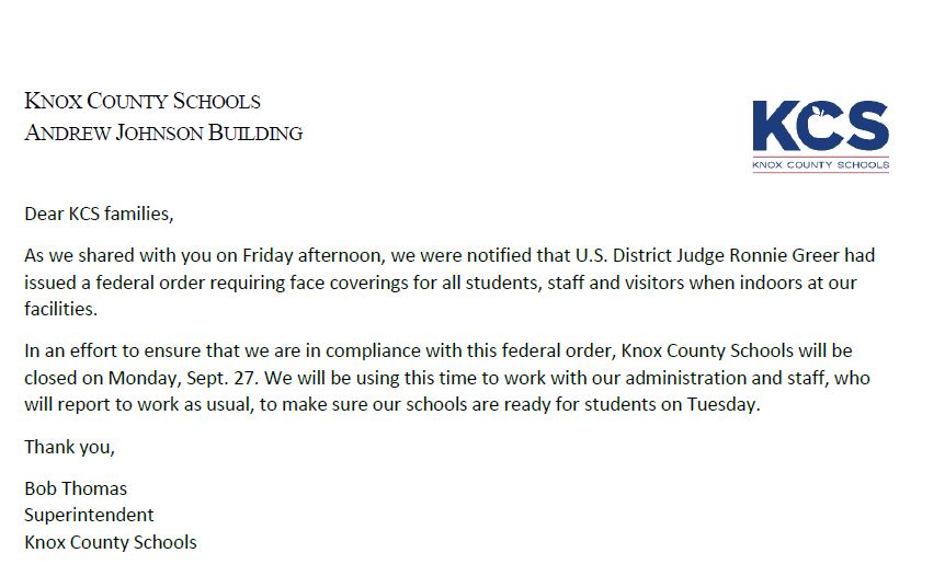 Superintendent Bob Thomas shared the attached message with families this evening. (9.26.21)