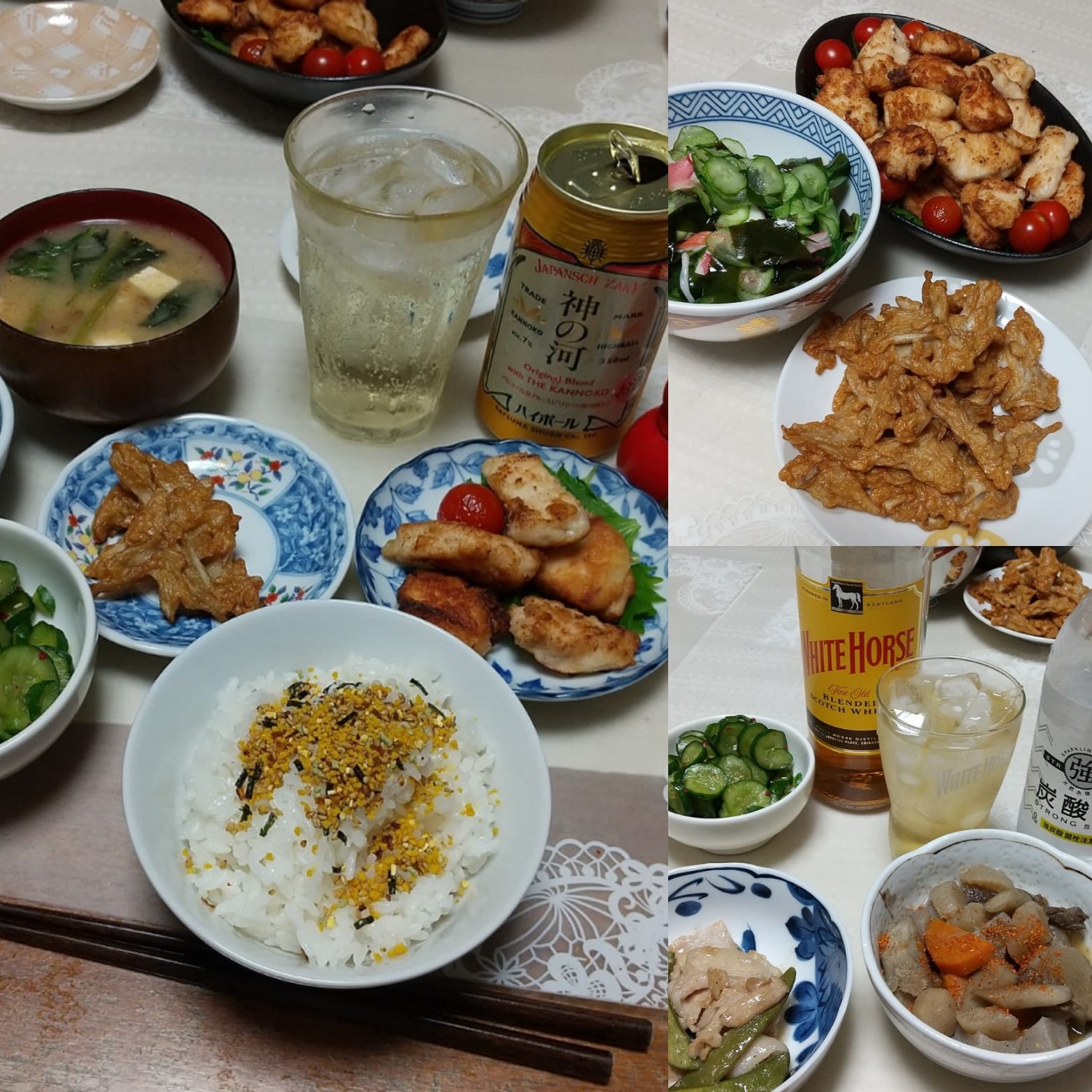 こぶへい 昨夜の晩ごはん ホエー豚塩ダレ 牛すじ煮込み ホワイトホースハイボール 友桝飲料 大人のおつまみ 唐辛子 石塚製菓 米粉で揚げるから揚げ タコとわかめときゅうりの酢の物 ごぼう天 なめこの味噌汁 神の河ハイボール ベルクスピリ辛