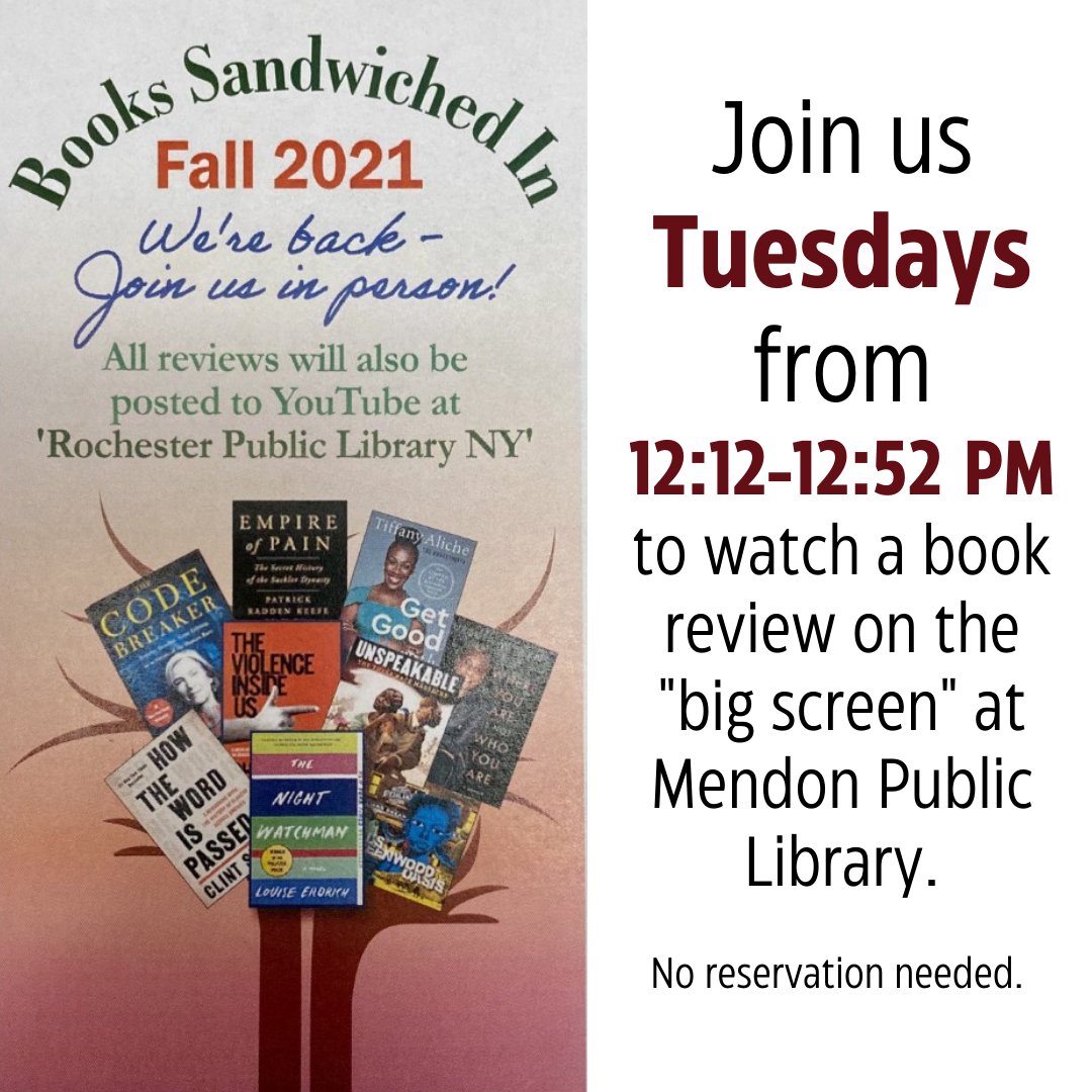 MendonLibrary's tweet photo. Lunch and learn @MendonLibrary Tuesdays this fall. For more information, call 624-6067.
.
.
.
#mendon #honeoyefalls #BooksSandwichedIn #BSI #RochesterPublicLibrary #RPL #hfl #hflcsd #librarylife https://t.co/ofei68PiaS