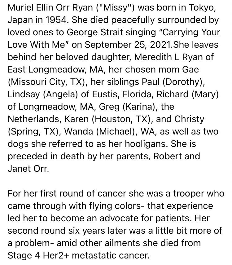 meoryan's tweet photo. Hello everyone, this is Missy’s daughter Meredith. I am sad to report that my mother passed yesterday. Here is her obituary, much of which we wrote together. https://t.co/7alCLNuGsU