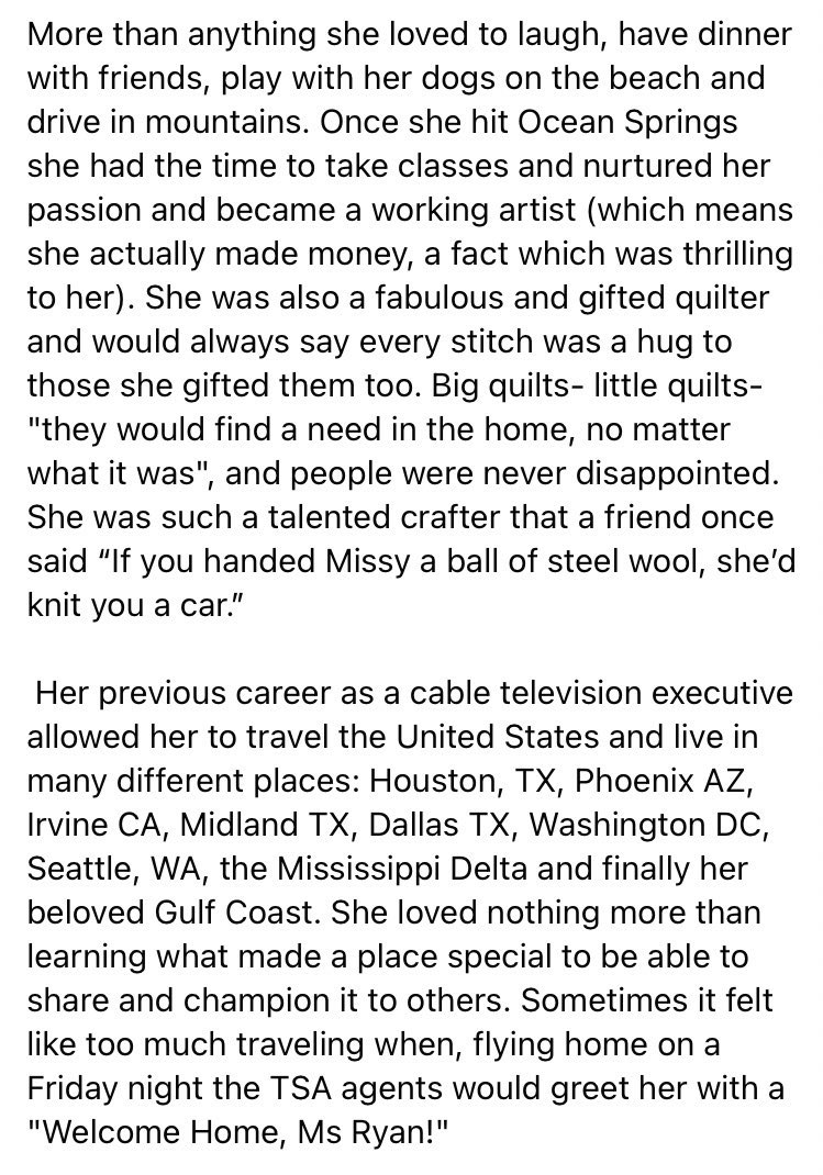 meoryan's tweet photo. Hello everyone, this is Missy’s daughter Meredith. I am sad to report that my mother passed yesterday. Here is her obituary, much of which we wrote together. https://t.co/7alCLNuGsU