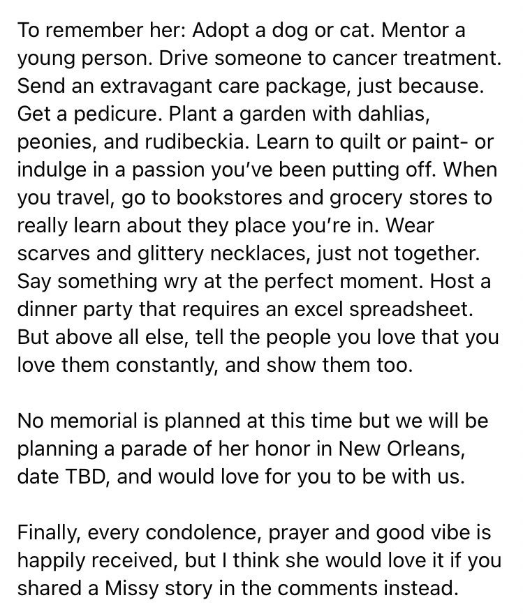 meoryan's tweet photo. Hello everyone, this is Missy’s daughter Meredith. I am sad to report that my mother passed yesterday. Here is her obituary, much of which we wrote together. https://t.co/7alCLNuGsU