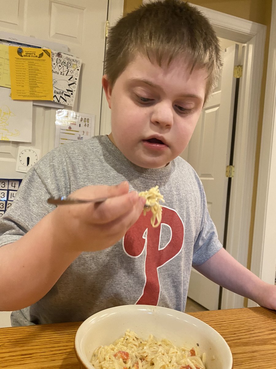 jmgerhart's tweet photo. The best part of making homemade pasta is eating it—in a Boursin &amp; tomato sauce made with tomatoes from his garden. #downsyndrome #ChefEvan https://t.co/mgA2zwpa7O