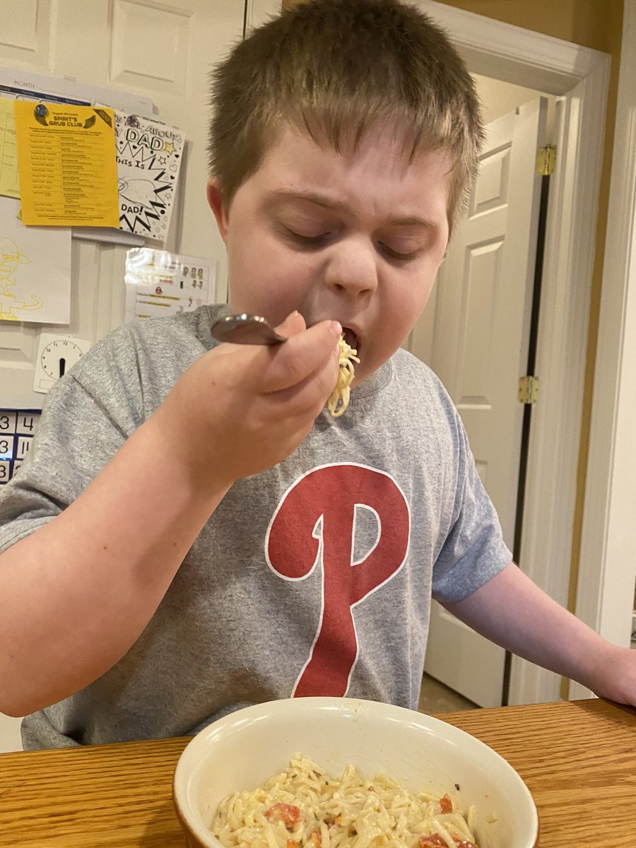 jmgerhart's tweet photo. The best part of making homemade pasta is eating it—in a Boursin &amp; tomato sauce made with tomatoes from his garden. #downsyndrome #ChefEvan https://t.co/mgA2zwpa7O