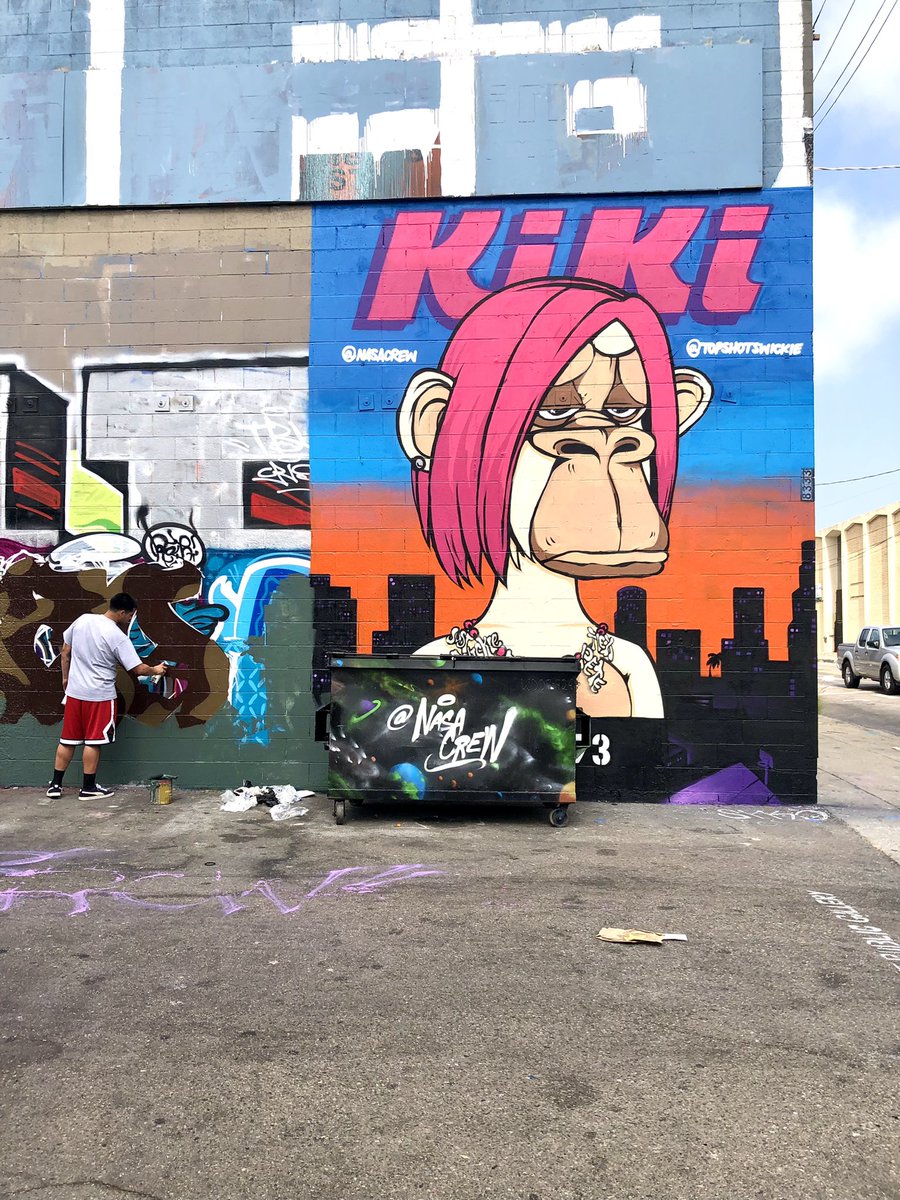 LateNightNFT's tweet photo. Imagine just living your chill Sunday life and seeing Kiki in all her pink furry glory on your way home from DTLA… that was my day! #TEAMKIKI @topshotswickie @peterjfang @_richuno_ @BoredApeYC #BAYC https://t.co/wGGQFyt3jx