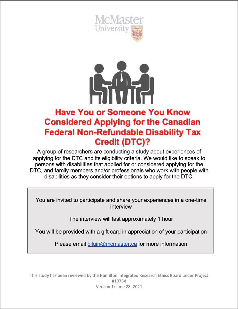 Have you or someone you know considered applying for the Canadian Non-Refundable Disability Tax Credit (DTC)? You are invited to participate in a research project about your experiences. Please reach out. bilgin@mcmaster.ca