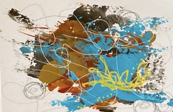LoriMarble's tweet photo. “Science” 6 x 8 unframed, mixed media on paper, part of the p-I-e-c-e-d TOGETHER exhibit on display Oct 1 - Dec 4 at artCENTRAL Carthage, Missouri. #carthagemissouri #dystoniaartist #rightbrainlefthand #abstractpainting https://t.co/ArCxsUG5XS