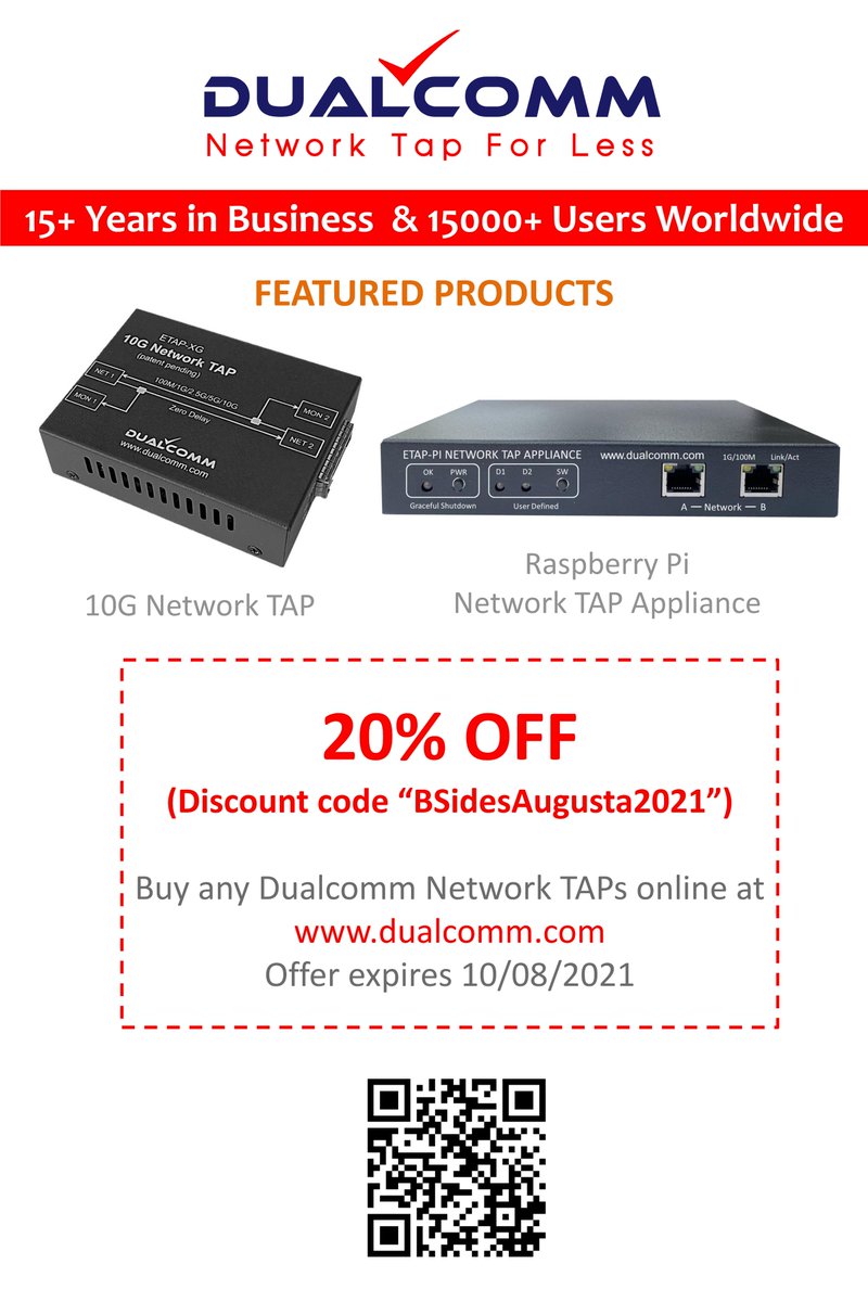 Dualcomm's tweet photo. @BSidesAugusta As a way to celebrate the coming @BSidesAugusta &amp; @securityonion Conferences, you can buy @Dualcomm Network TAPs and everything else at 20% off with the discount code "BSidesAugusta2021". This offer expires on October 8, 2021. https://t.co/FWE5p2V1J5