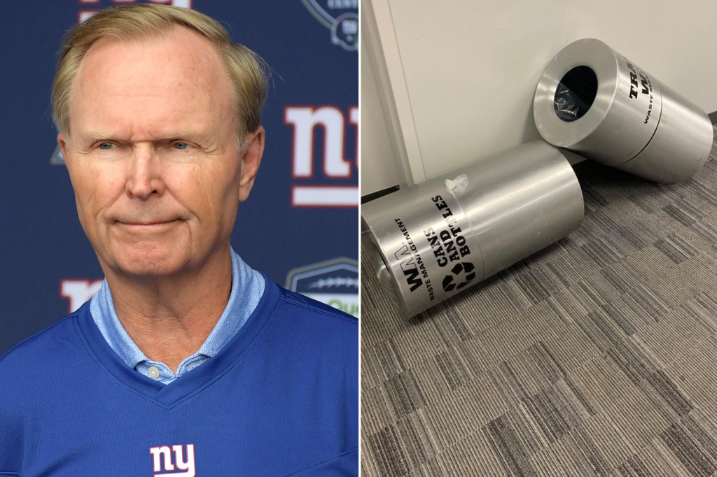 nypost's tweet photo. Giants owner John Mara seemingly knocks over trash can in frustration https://t.co/yCq1LKYlcY https://t.co/HMqZ4wJqKD