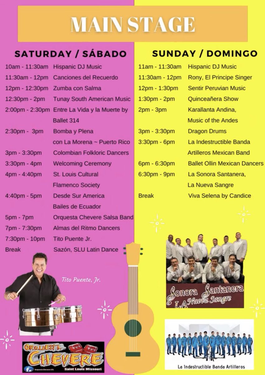 HisFestivalSTL's tweet photo. We're excited to announce the entertainment lineup for the Hispanic Festival 2021!  Wonderful musicians, dancers, singers and presentations each day including Tito Puente Jr.  on Saturday, October 2 and Sonora Santanera La Nueva Sangre on Sunday, October 3!
#hispanicfestivalstl https://t.co/RgOGqdJQKF