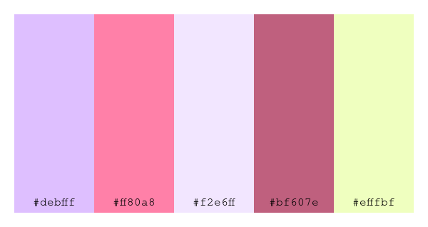 ColPaletteBot's tweet photo. Beep beep, here's a pretty color palette for you!
color-scheme.js parameters used:
- hue: 139
- variation: light
- colors: #debfff, #ff80a8, #f2e6ff, #bf607e, #efffbf
Have a lovely evening!
#twitterbot #colorpalette #colors #palette #prettycolors https://t.co/cch0FNs2hj