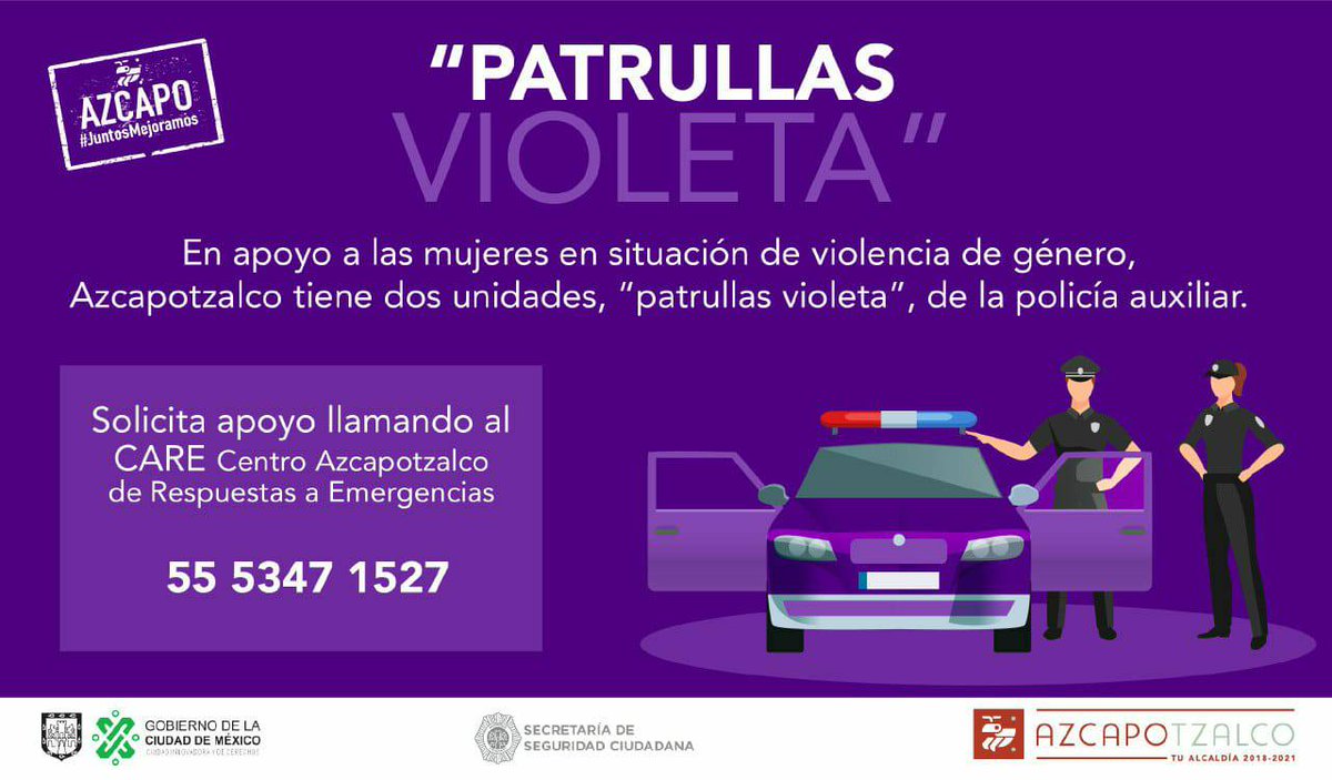 AzcapotzalcoMx's tweet photo. 🚔 Con las #PatrullasVioleta protegemos a las niñas y mujeres de Azcapotzalco en caso de sufrir violencia de género.
Si necesitas ayuda, solicita apoyo al Centro Azcapotzalco de Respuesta a Emergencias (CARE) 55 5347 1527 https://t.co/MEuD655oDw