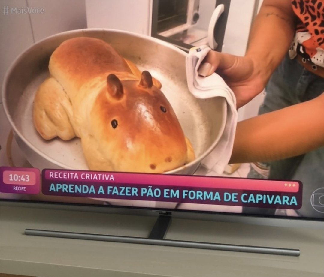 A photograph of a television showing a Portuguese-language show. The chyron reads, in Portuguese: "creative recipe: learn to make bread in the shape of a capybara". The image on the screen is a woman holding a baking pan with bread in the shape of a capybara, with two raisin-looking things for eyes.