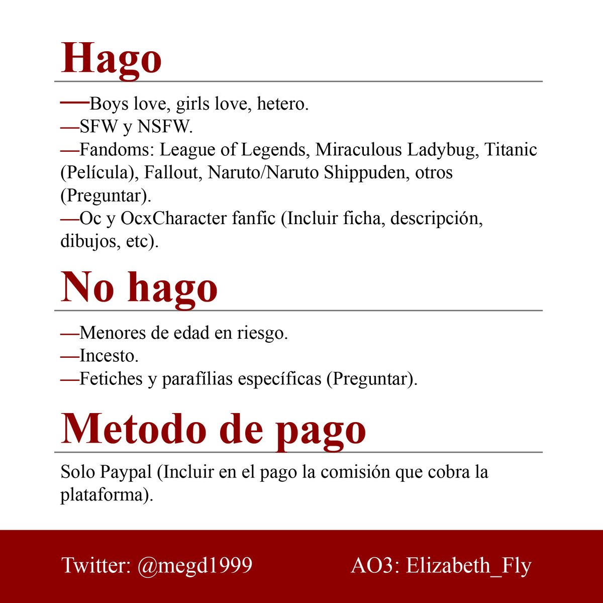 megd1999's tweet photo. Llevaba un tiempo pensando en esto y por fin me decidí a hacerlo.

¡Comisiones abiertas! Siéntanse libres de preguntar si están interesados.

Currently I only write storys in Spanish but if you are still interested, I can assist you in English. https://t.co/OBgAlehxvO
